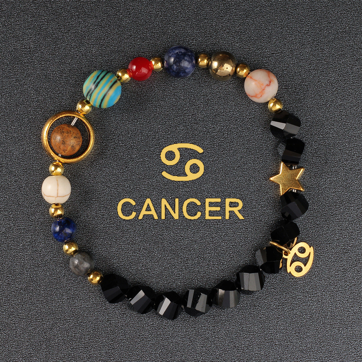 Zodiac Bracelet with Eight Planets & Faceted Black Stones