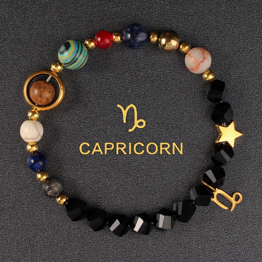 Zodiac Bracelet with Eight Planets & Faceted Black Stones