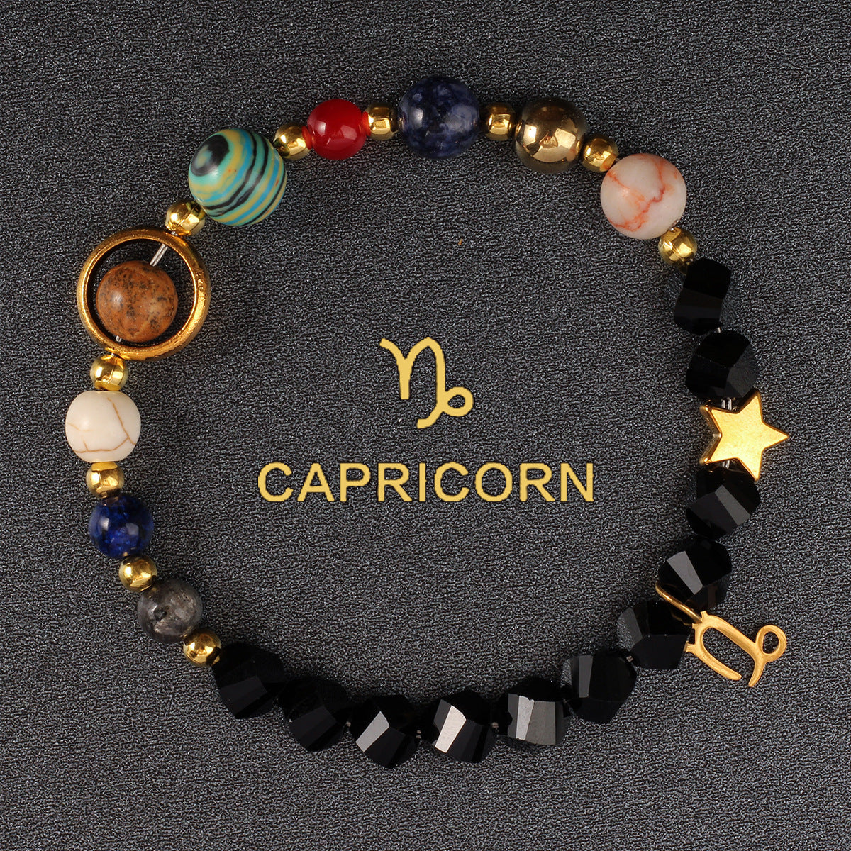 Zodiac Bracelet with Eight Planets & Faceted Black Stones