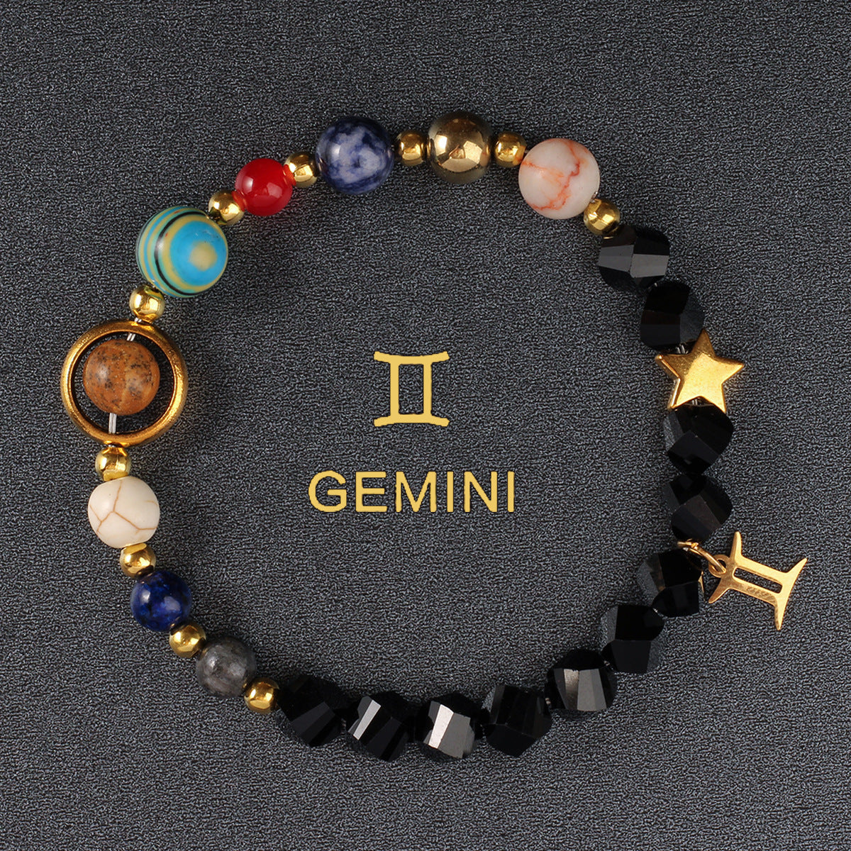 Zodiac Bracelet with Eight Planets & Faceted Black Stones