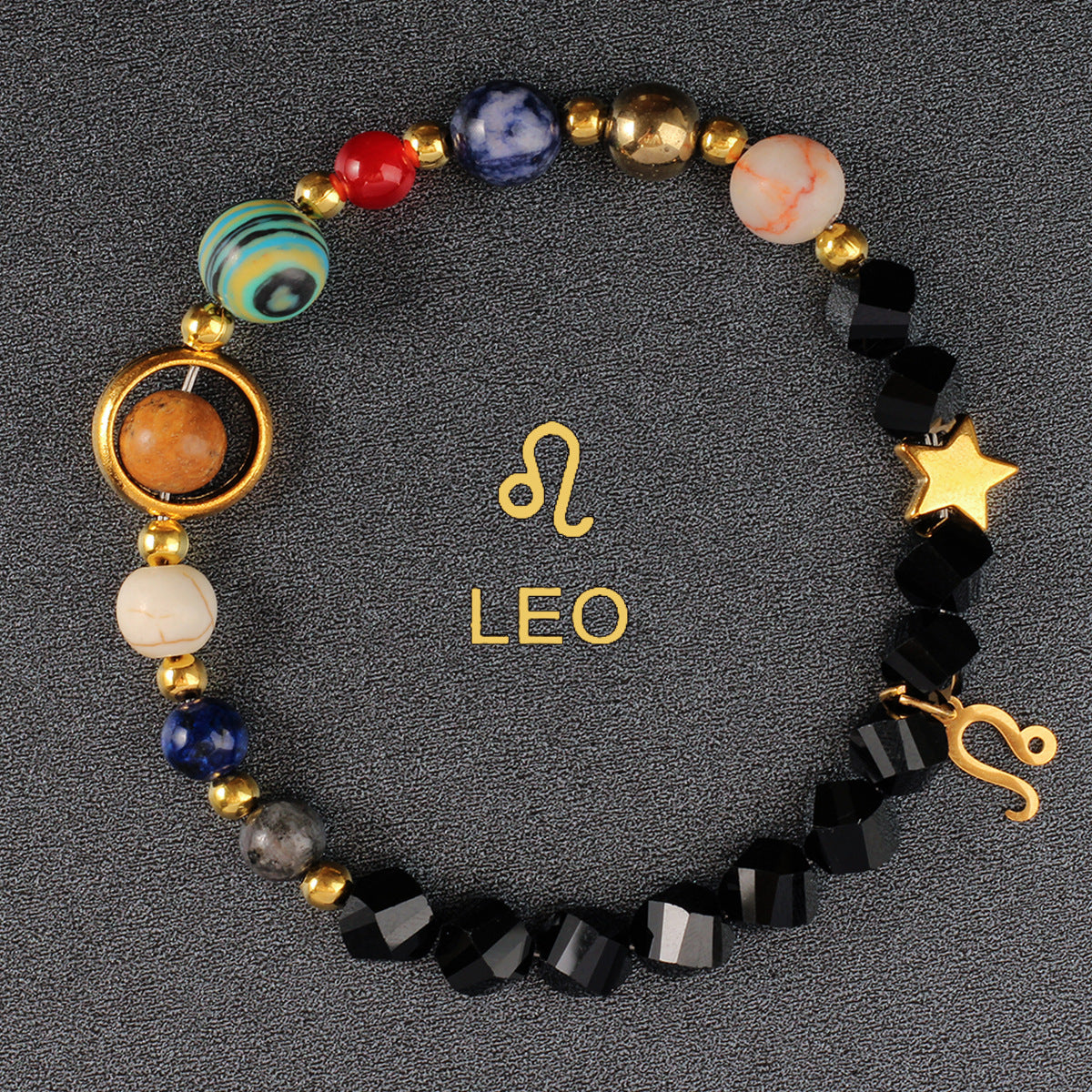 Zodiac Bracelet with Eight Planets & Faceted Black Stones