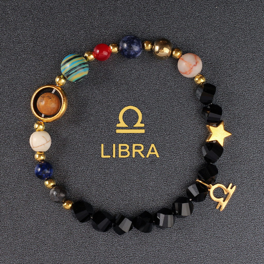 Zodiac Bracelet with Eight Planets & Faceted Black Stones