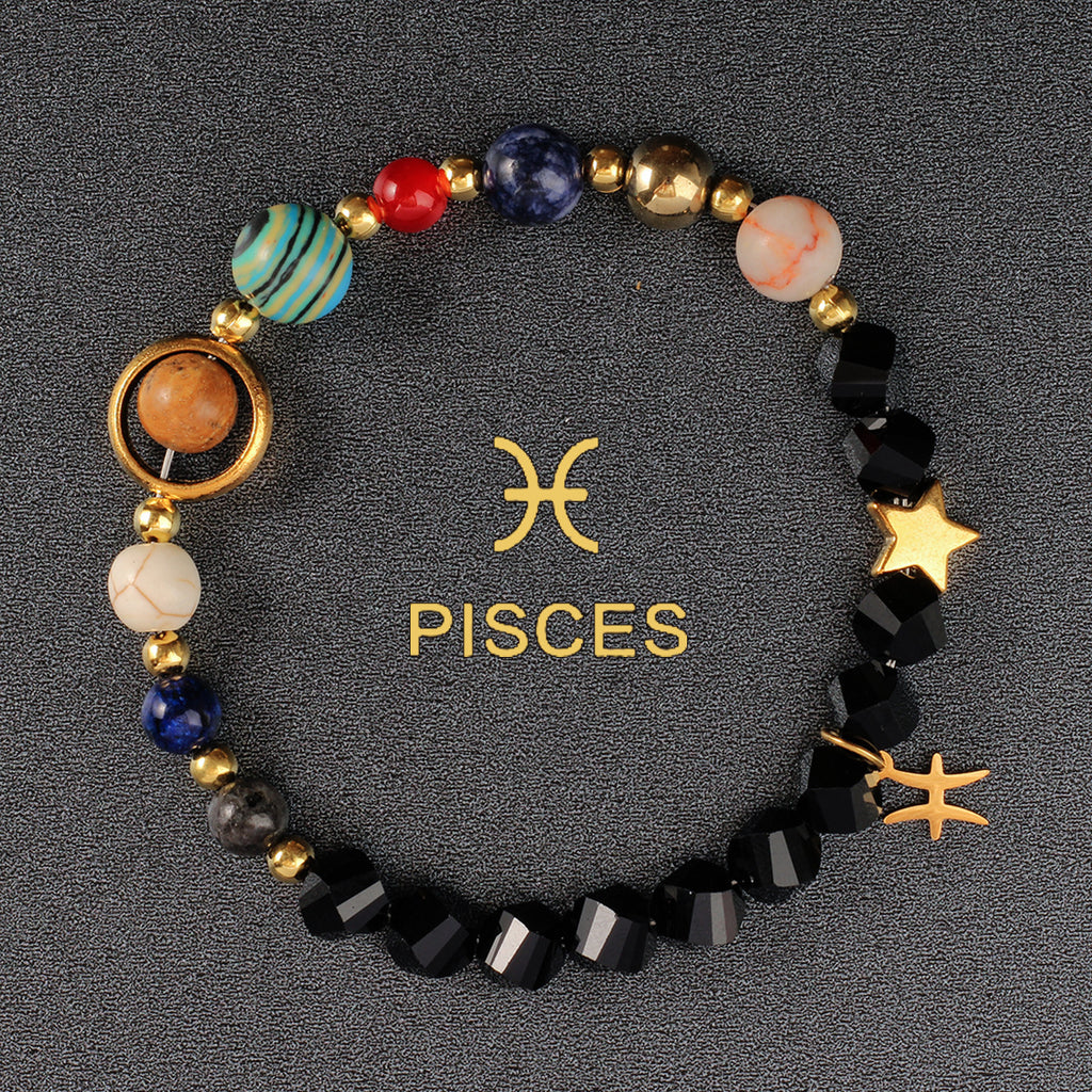 Zodiac Bracelet with Eight Planets & Faceted Black Stones