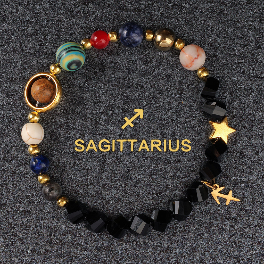Zodiac Bracelet with Eight Planets & Faceted Black Stones