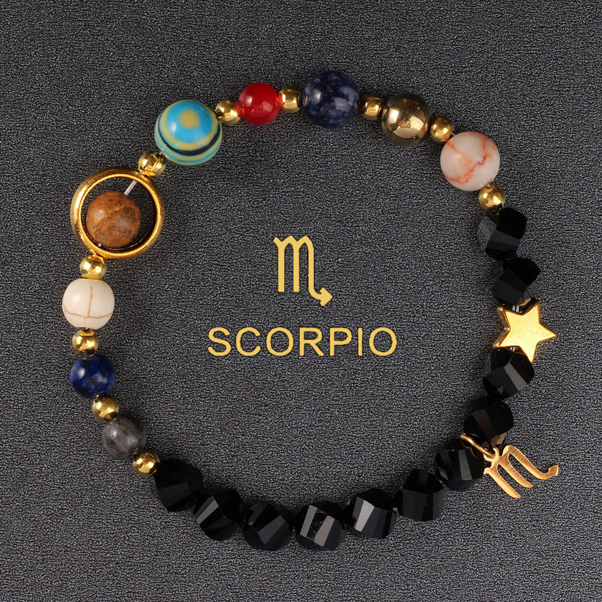 Zodiac Bracelet with Eight Planets & Faceted Black Stones