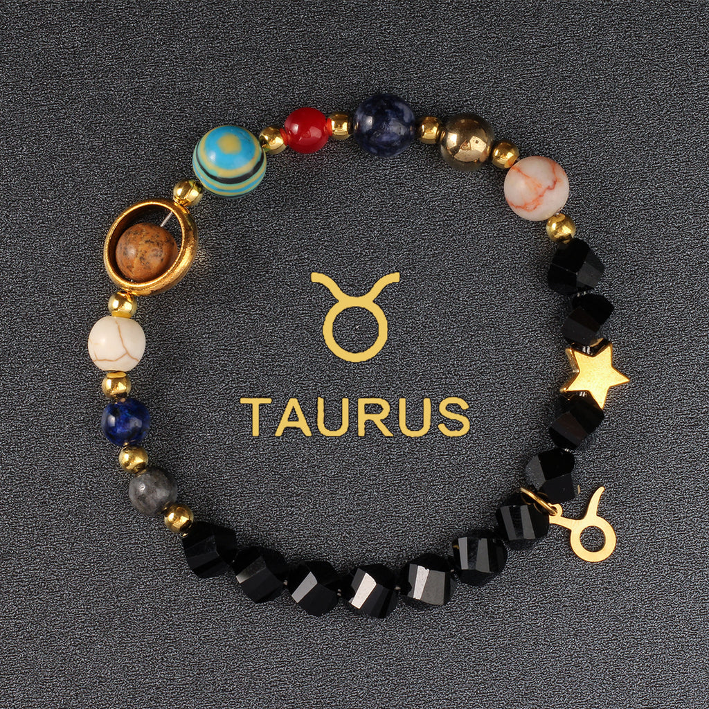 Zodiac Bracelet with Eight Planets & Faceted Black Stones