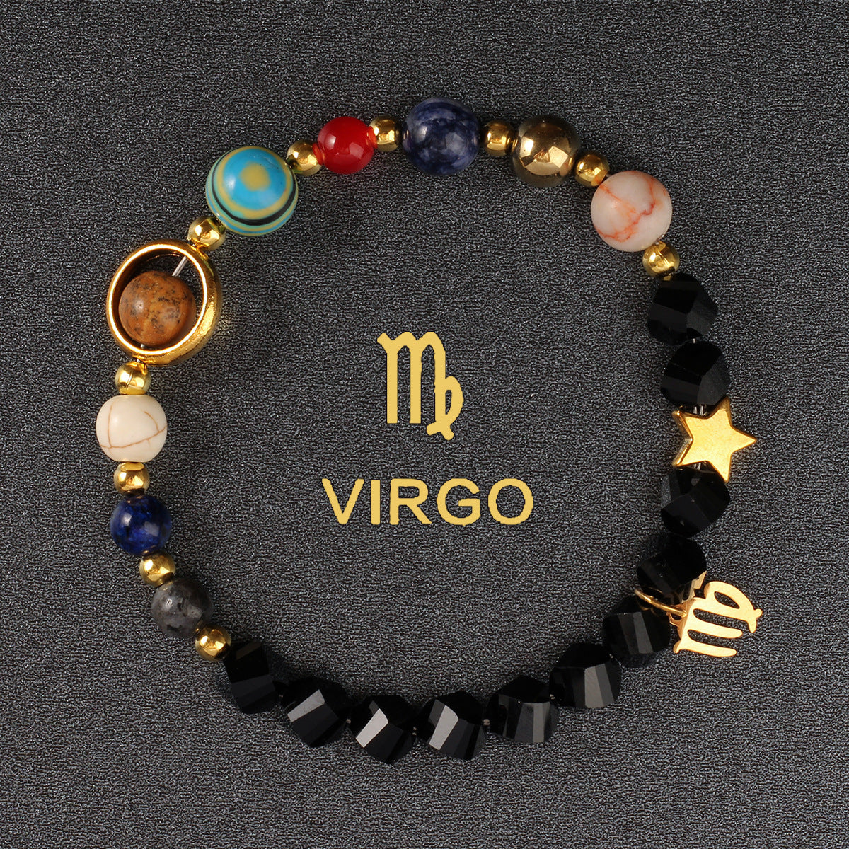 Zodiac Bracelet with Eight Planets & Faceted Black Stones