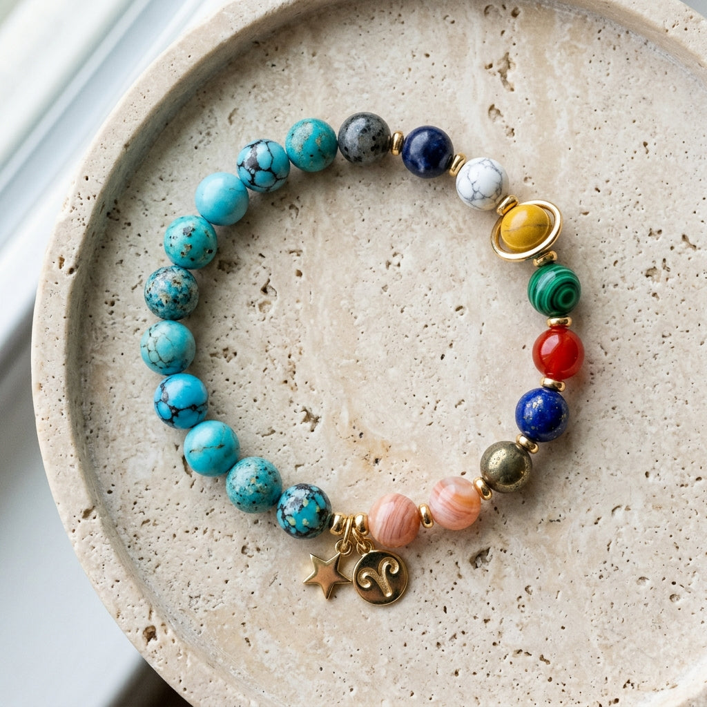 Women's 12 Zodiac Cosmic Beaded Bracelet (Malachite & Lapis Lazuli)