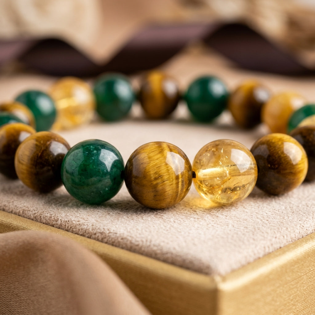 Crystal Beaded Bracelet — Vintage-Style Natural Stone Strand - Tiger's Eye, Citrine, & Green Agate - Inner Peace
