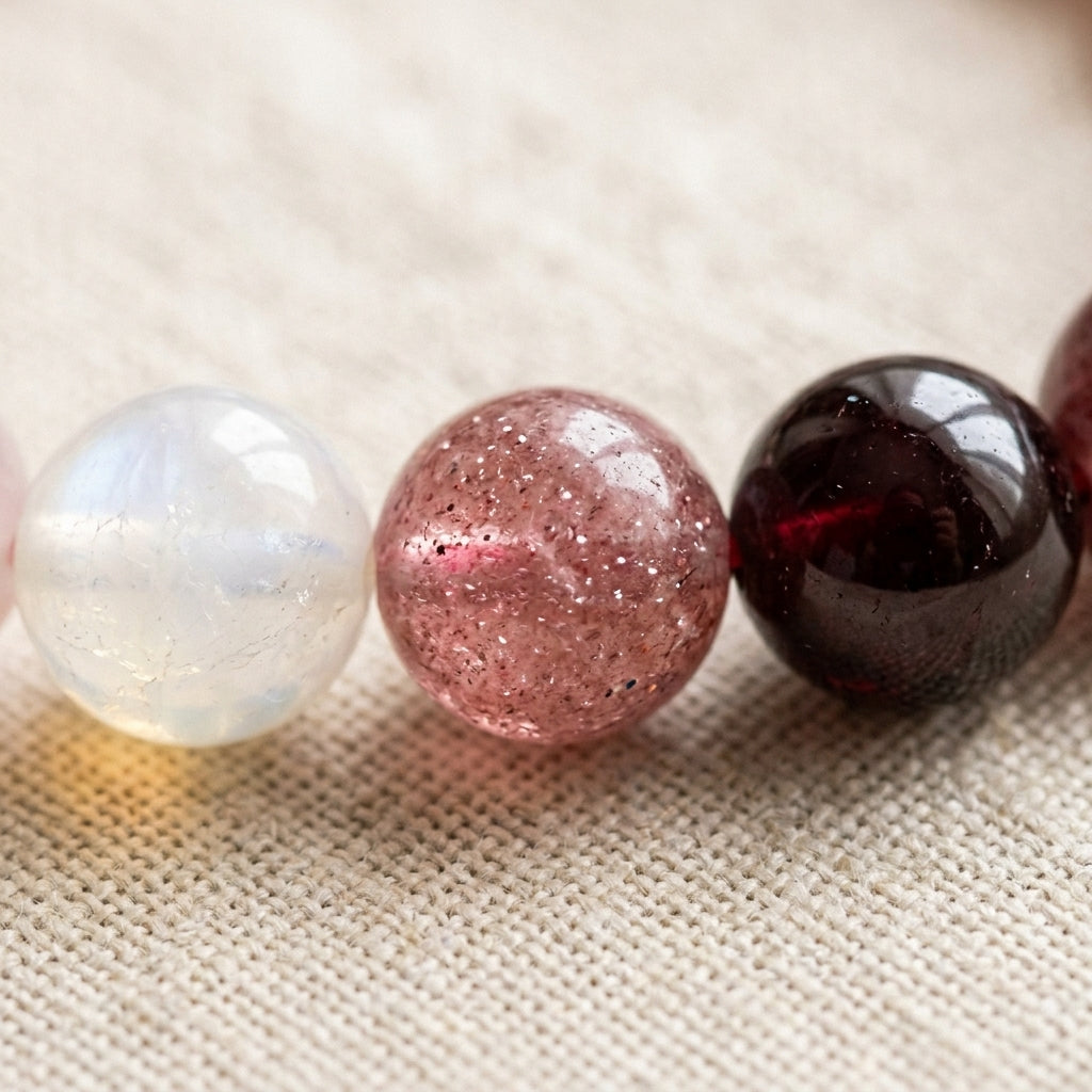 Crystal Beaded Bracelet — Vintage-Style Natural Stone Strand - Garnet, Strawberry Quartz, Rhodonite, Rose Quartz, & Moonstone - Love Spell