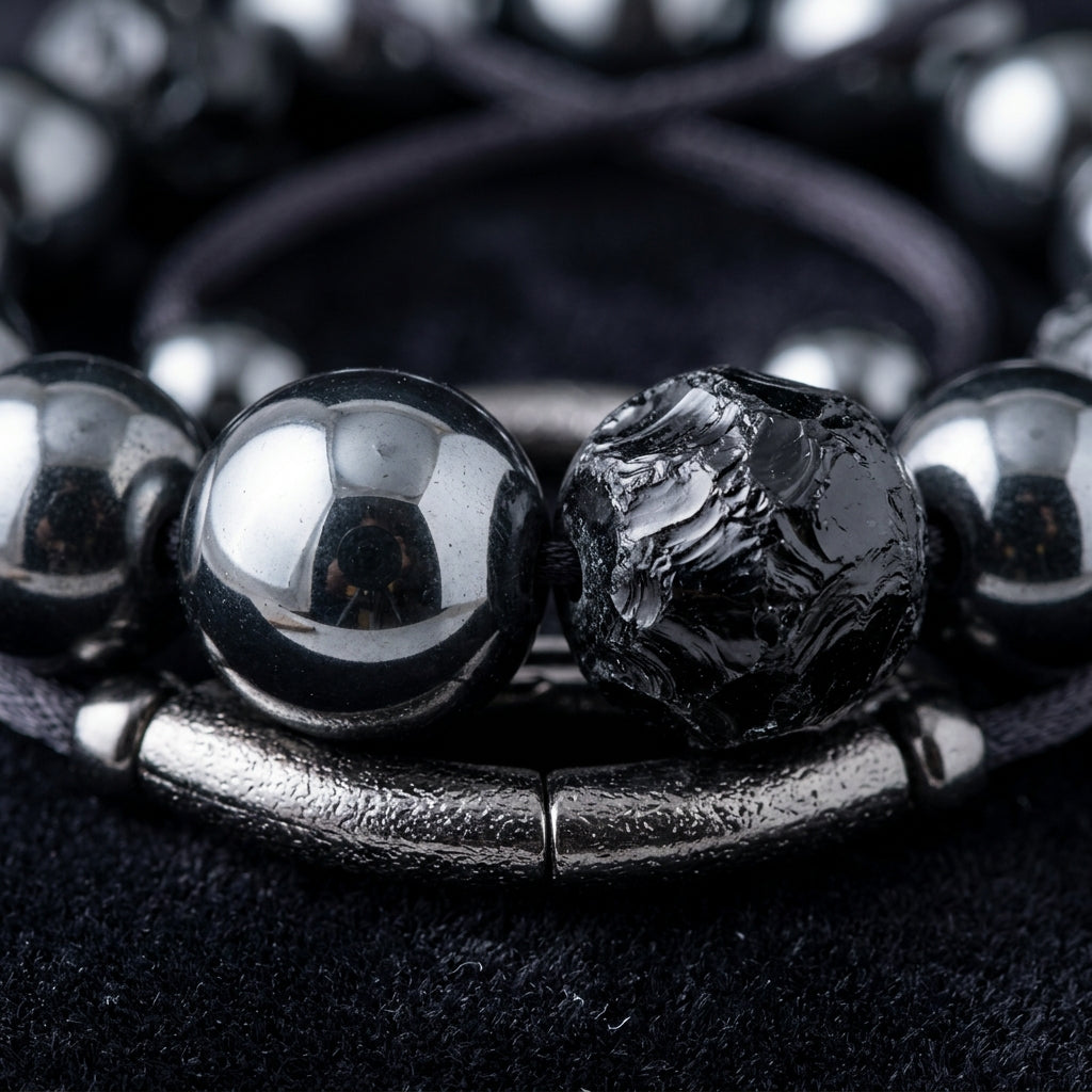 Aura Shield: Hematite & Black Obsidian Magnetic Grounding Bracelet
