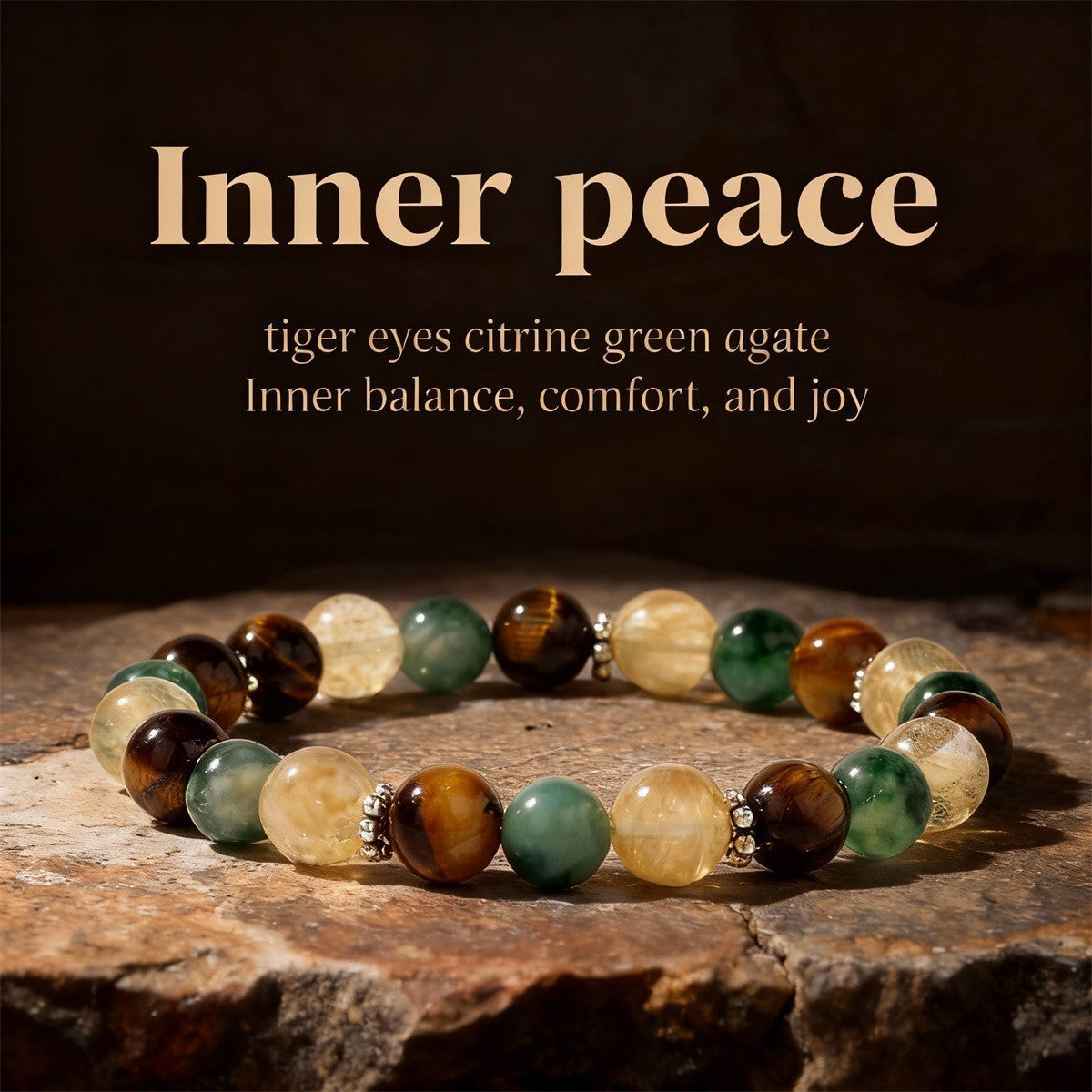 Crystal Beaded Bracelet — Vintage-Style Natural Stone Strand - Tiger's Eye, Citrine, & Green Agate - Inner Peace