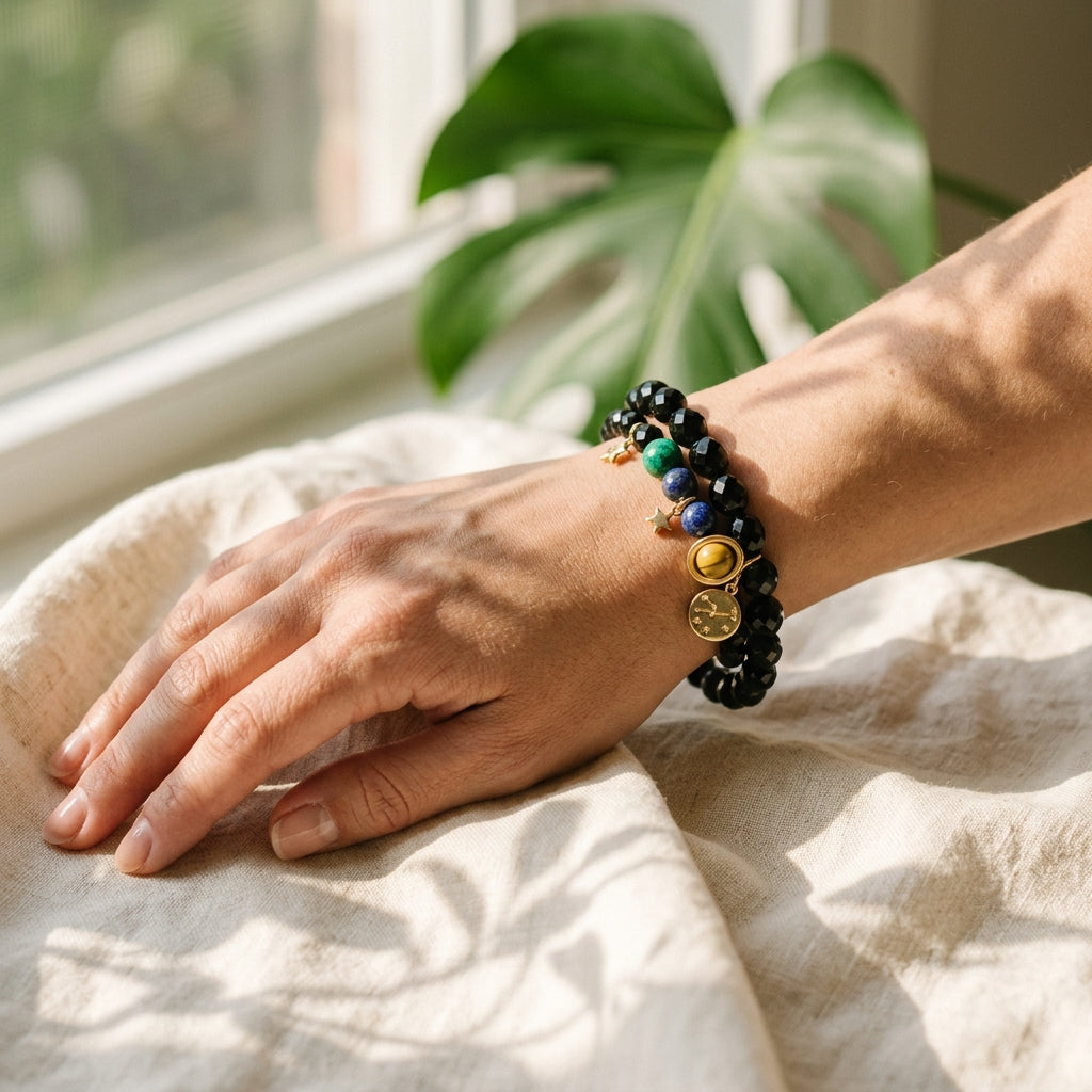 Zodiac Bracelet with Eight Planets & Faceted Black Stones