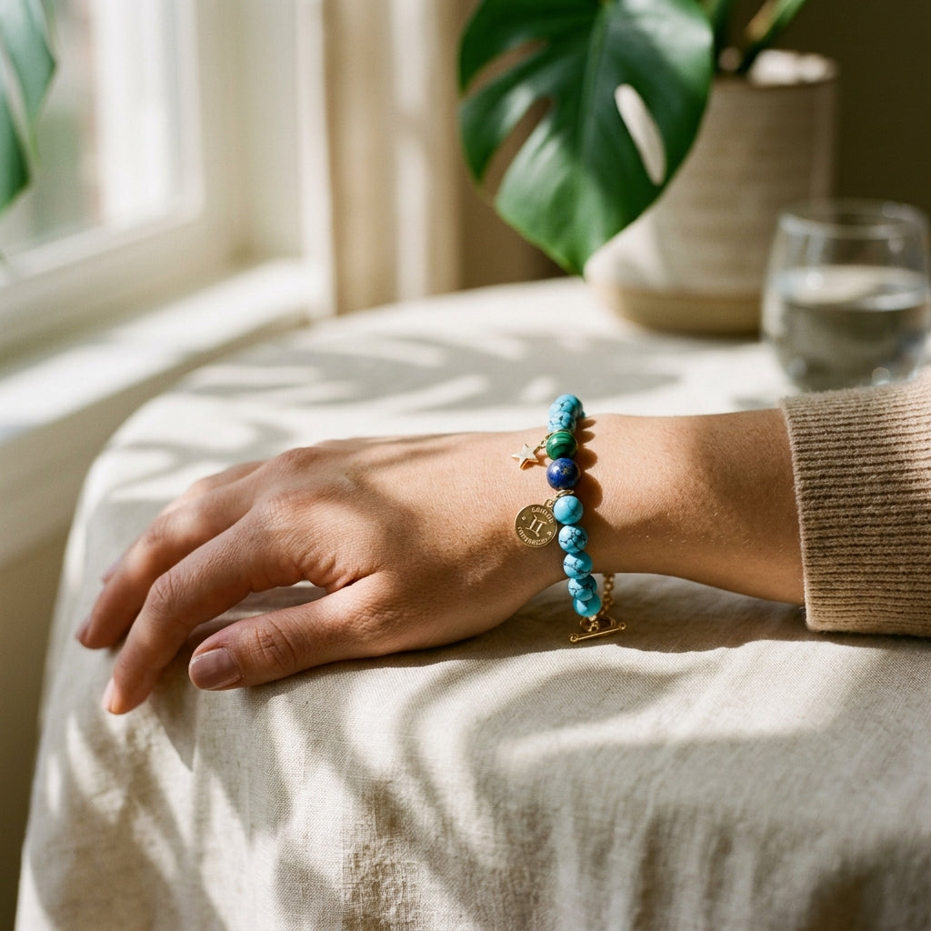 Women's 12 Zodiac Cosmic Beaded Bracelet (Malachite & Lapis Lazuli)