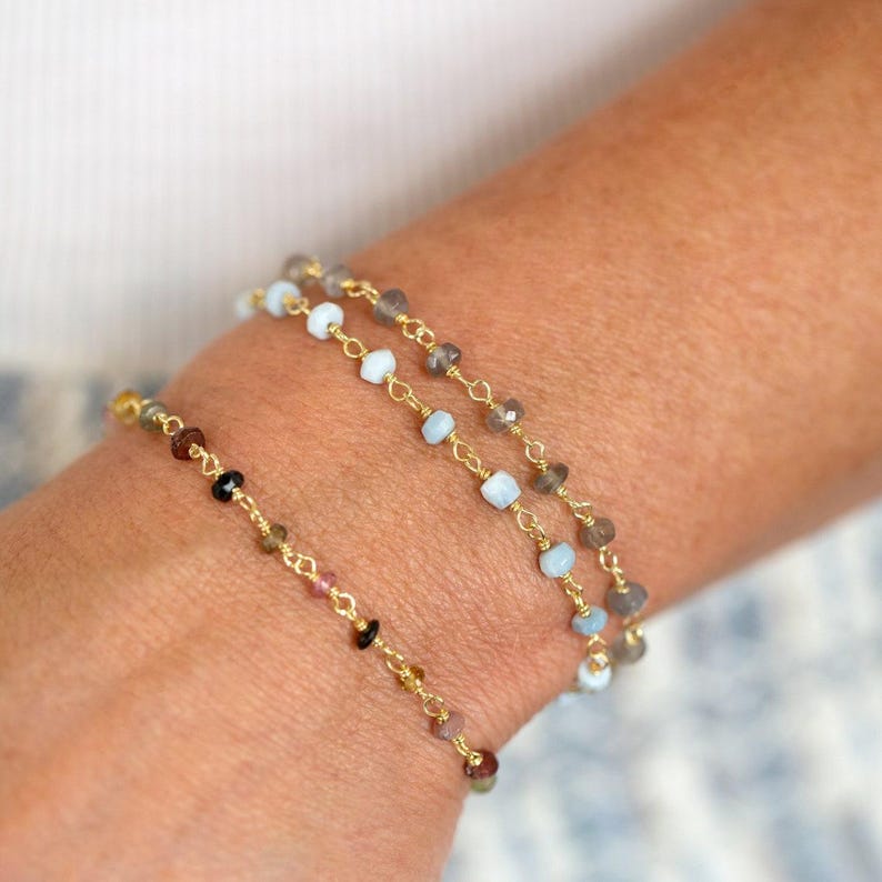 Gemstone Harmony Stacking Bracelet — Aquamarine & Emerald Birthstone Chain