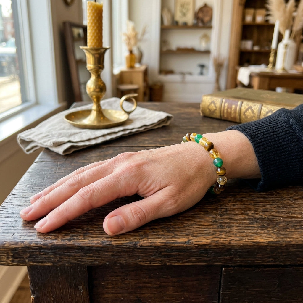 Crystal Beaded Bracelet — Vintage-Style Natural Stone Strand - Tiger's Eye, Citrine, & Green Agate - Inner Peace