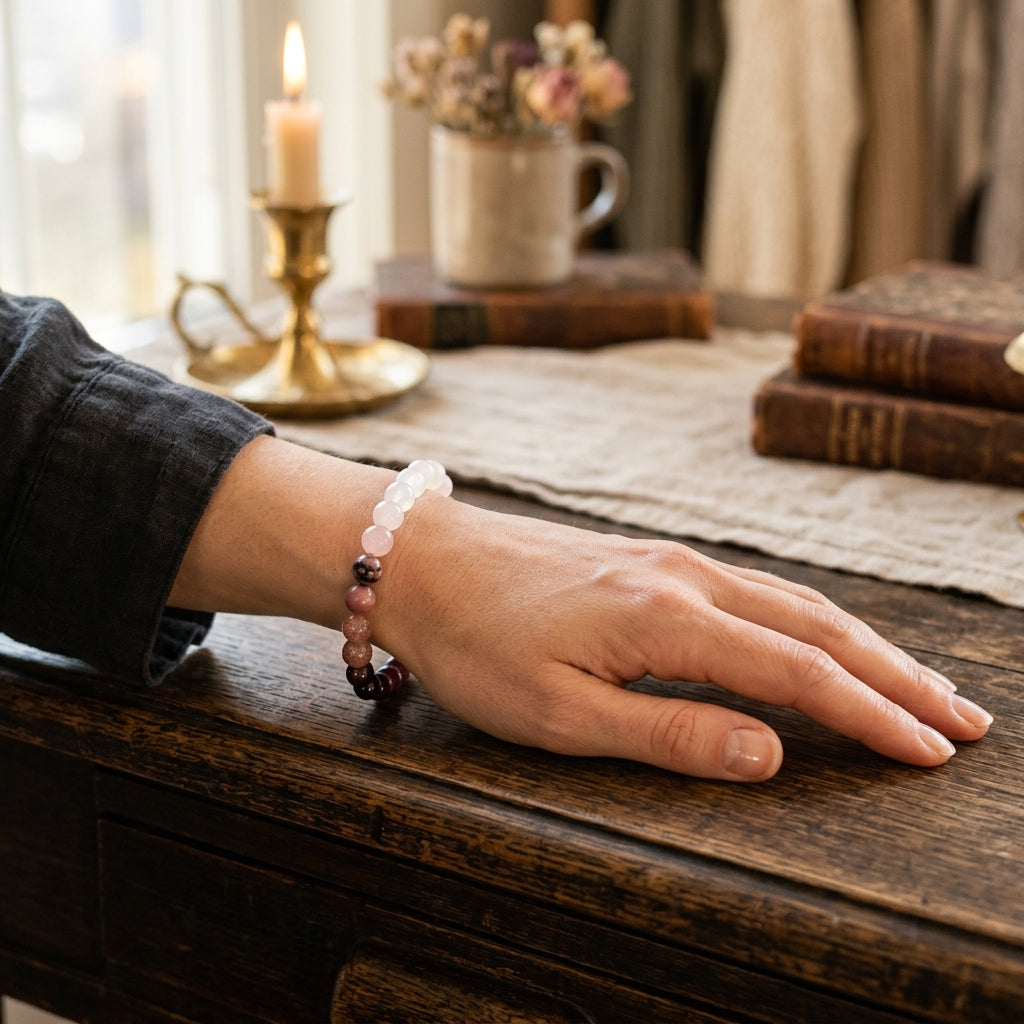 Crystal Beaded Bracelet — Vintage-Style Natural Stone Strand - Garnet, Strawberry Quartz, Rhodonite, Rose Quartz, & Moonstone - Love Spell