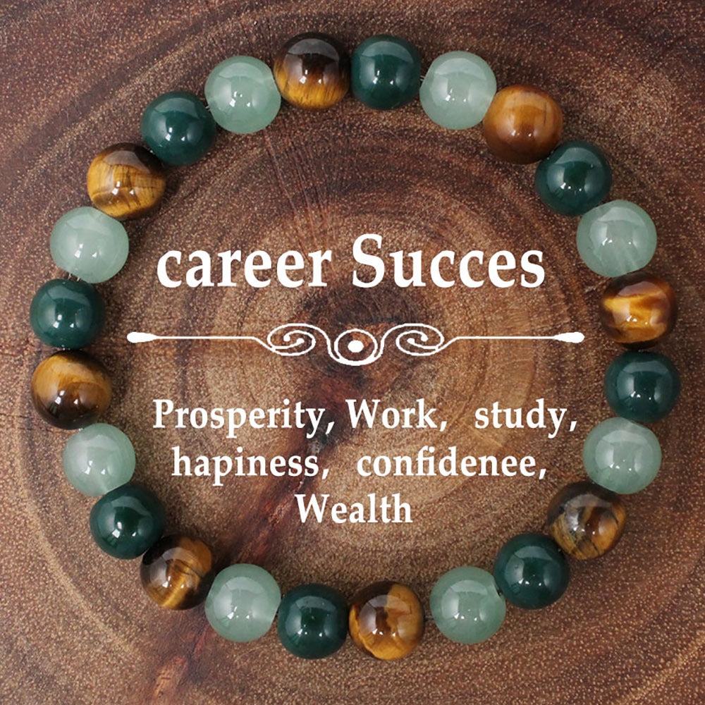 Crystal Beaded Bracelet — Vintage-Style Natural Stone Strand - Tiger's Eye, Aventurine, & Green Agate - Career Success