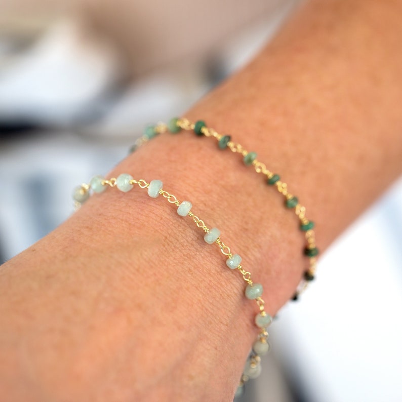 Gemstone Harmony Stacking Bracelet — Aquamarine & Emerald Birthstone Chain