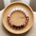 Crystal Beaded Bracelet — Vintage-Style Natural Stone Strand - Garnet, Strawberry Quartz, Rhodonite, Rose Quartz, & Moonstone - Love Spell