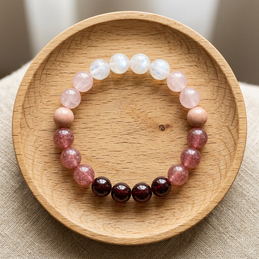 Crystal Beaded Bracelet — Vintage-Style Natural Stone Strand - Garnet, Strawberry Quartz, Rhodonite, Rose Quartz, & Moonstone - Love Spell