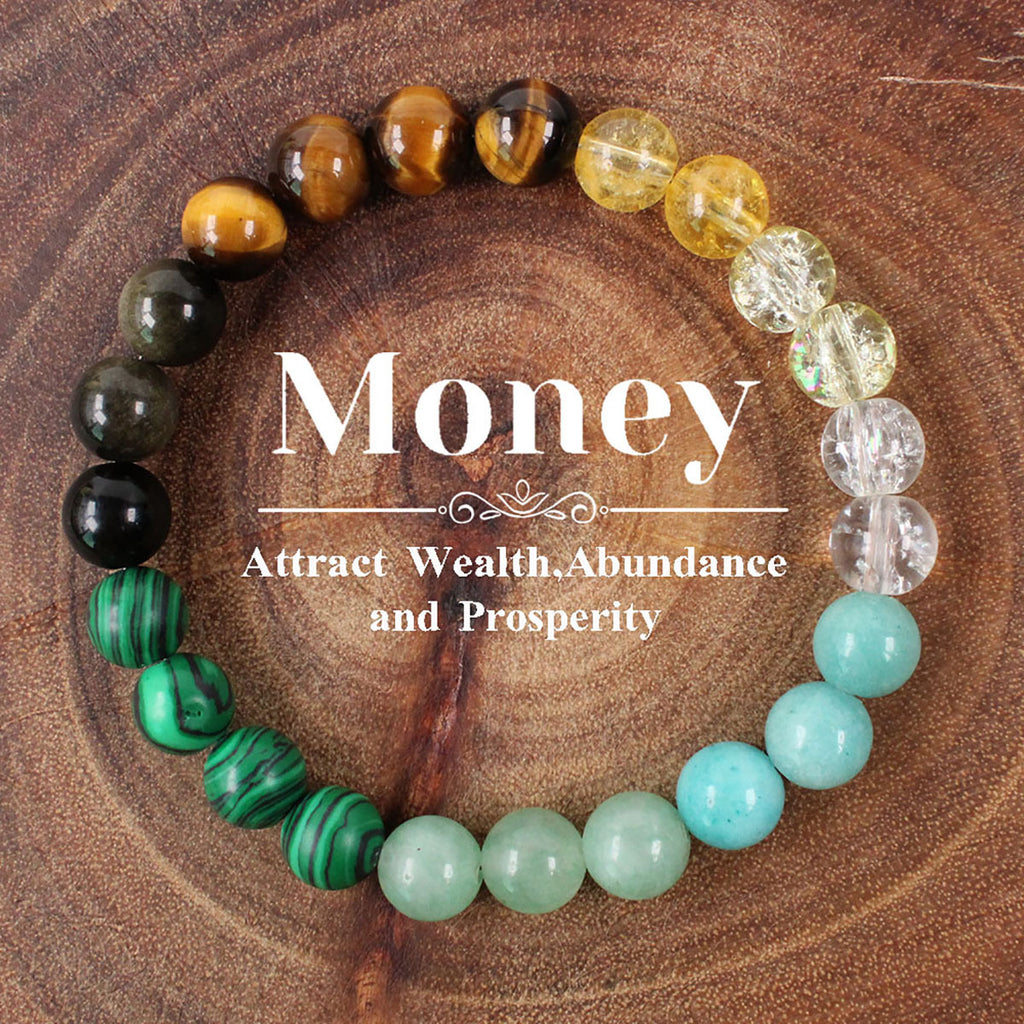 Crystal Beaded Bracelet — Vintage-Style Natural Stone Strand - Citrine, Amazonite, Malachite, & Tiger's Eye - Wealth Attraction