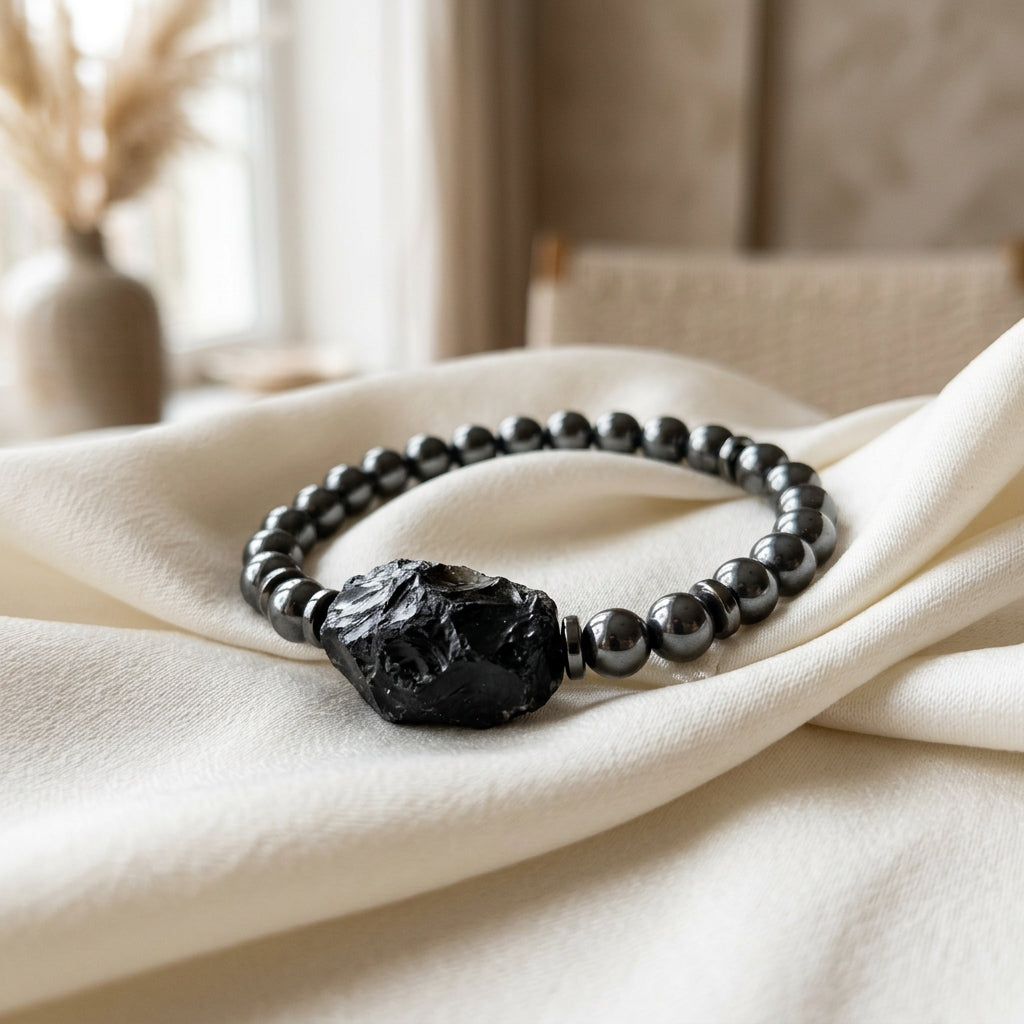 Aura Shield: Hematite & Black Obsidian Magnetic Grounding Bracelet