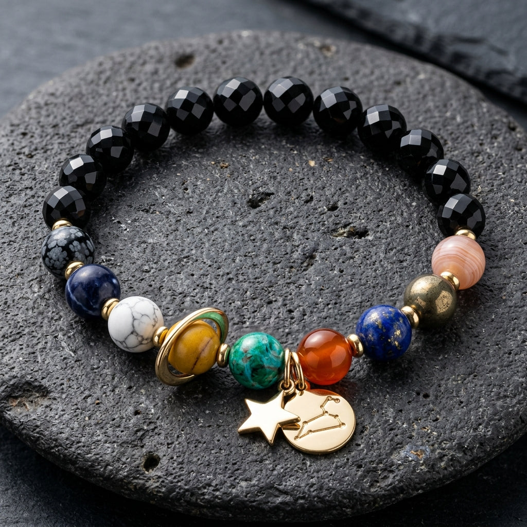 Zodiac Bracelet with Eight Planets & Faceted Black Stones