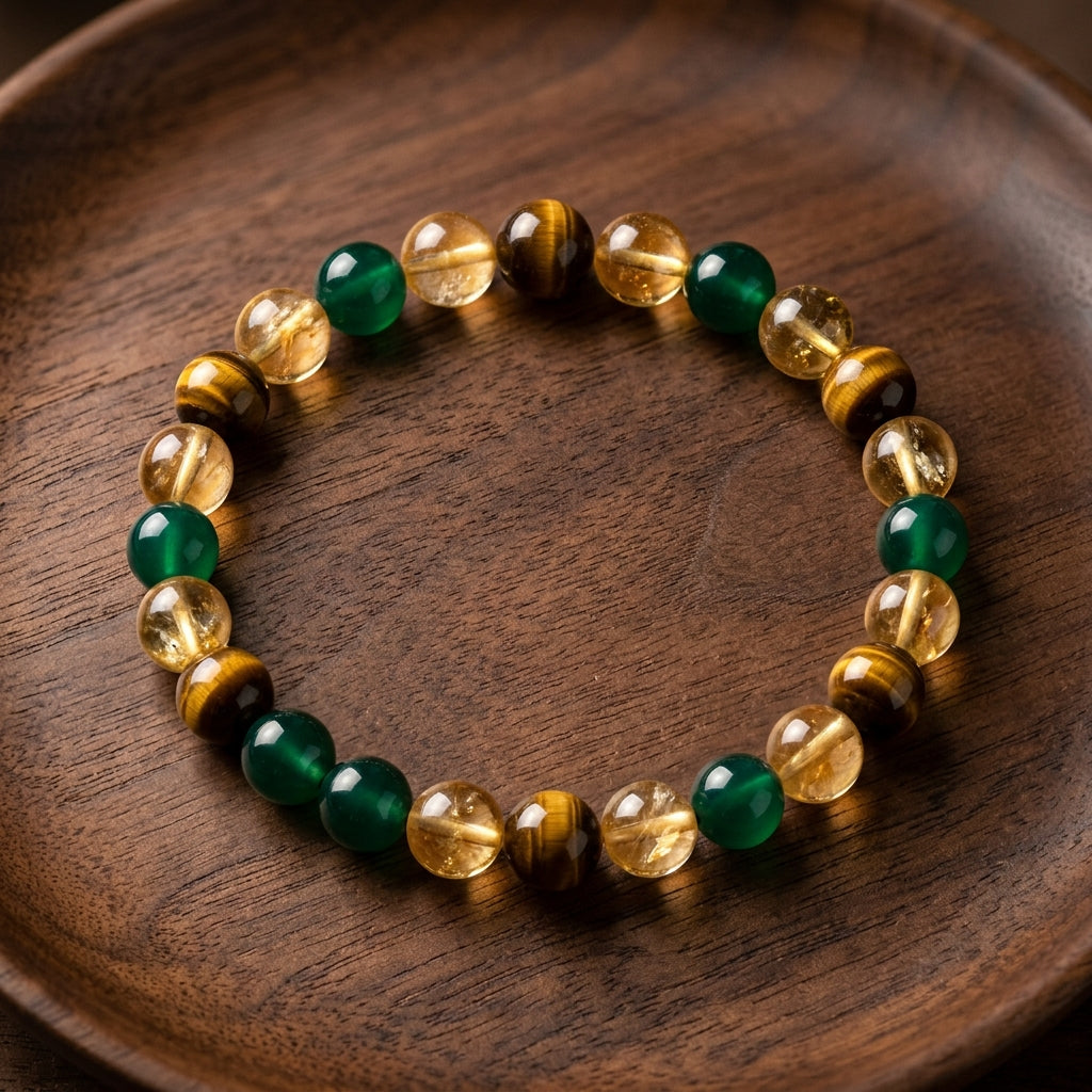 Crystal Beaded Bracelet — Vintage-Style Natural Stone Strand - Tiger's Eye, Citrine, & Green Agate - Inner Peace