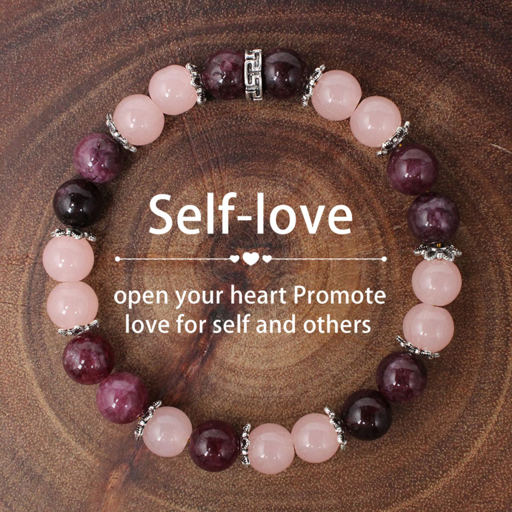 Crystal Beaded Bracelet — Vintage-Style Natural Stone Strand - Rose Quartz, Lepidolite, & Garnet - Self-Love