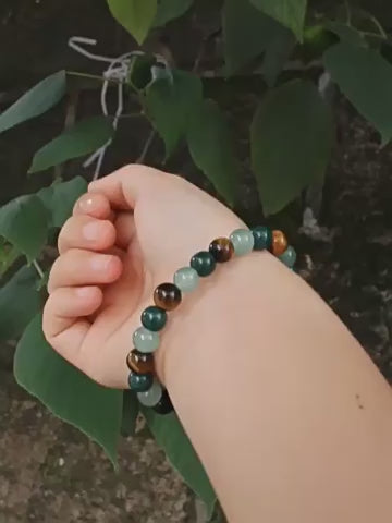 Crystal Beaded Bracelet — Vintage-Style Natural Stone Strand - Tiger's Eye, Aventurine, & Green Agate - Career Success