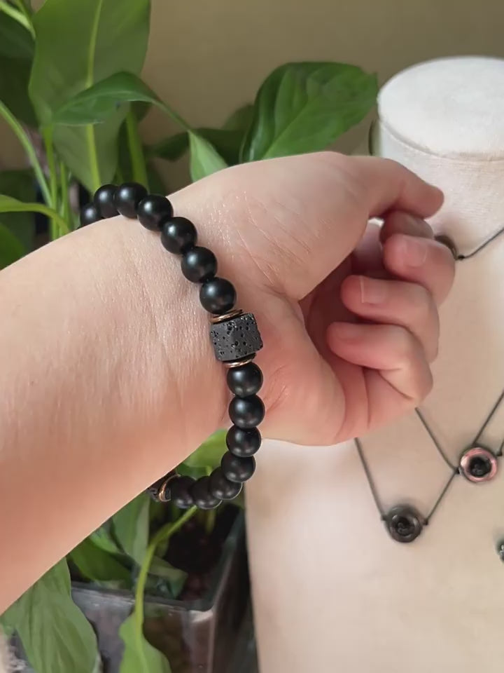 Aura Vulcan Grounding Strand — Square Lava Stone & Matte Onyx Bracelet