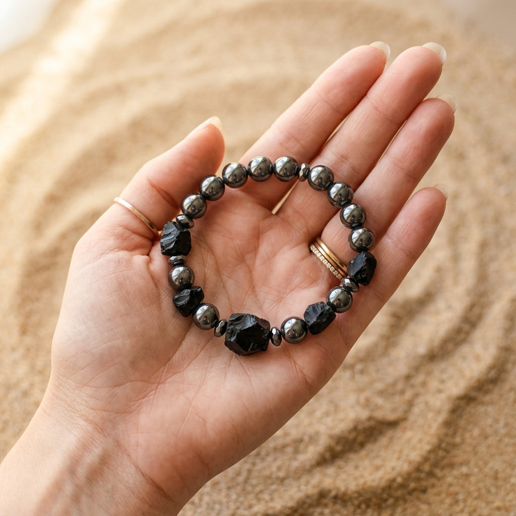 Aura Shield: Hematite & Black Obsidian Magnetic Grounding Bracelet