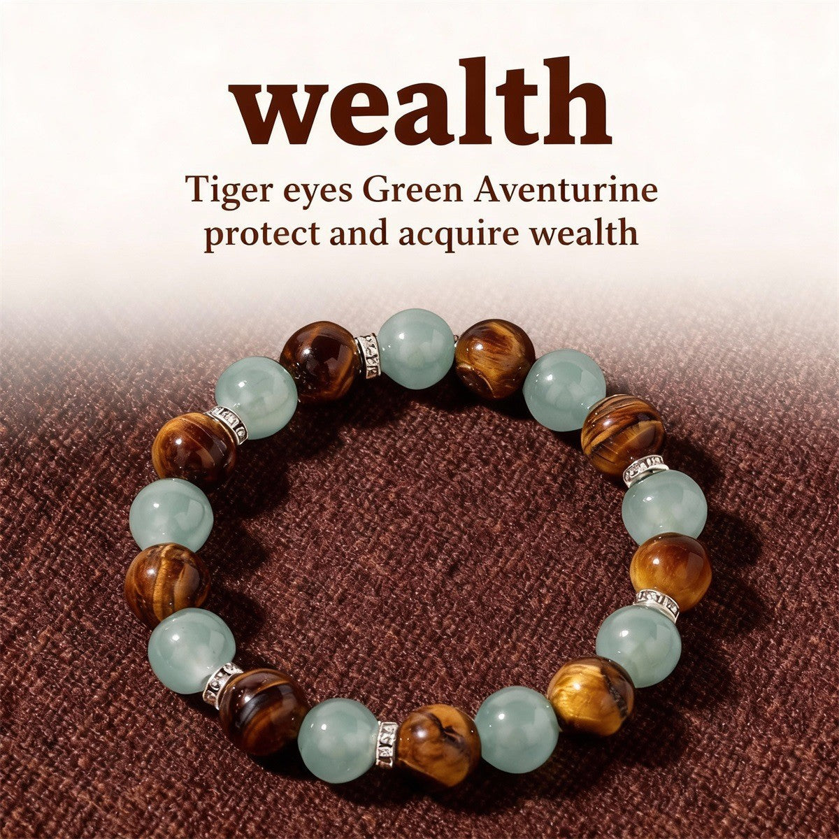 Crystal Beaded Bracelet — Vintage-Style Natural Stone Strand - Tiger's Eye & Green Aventurine - Wealth & Protection